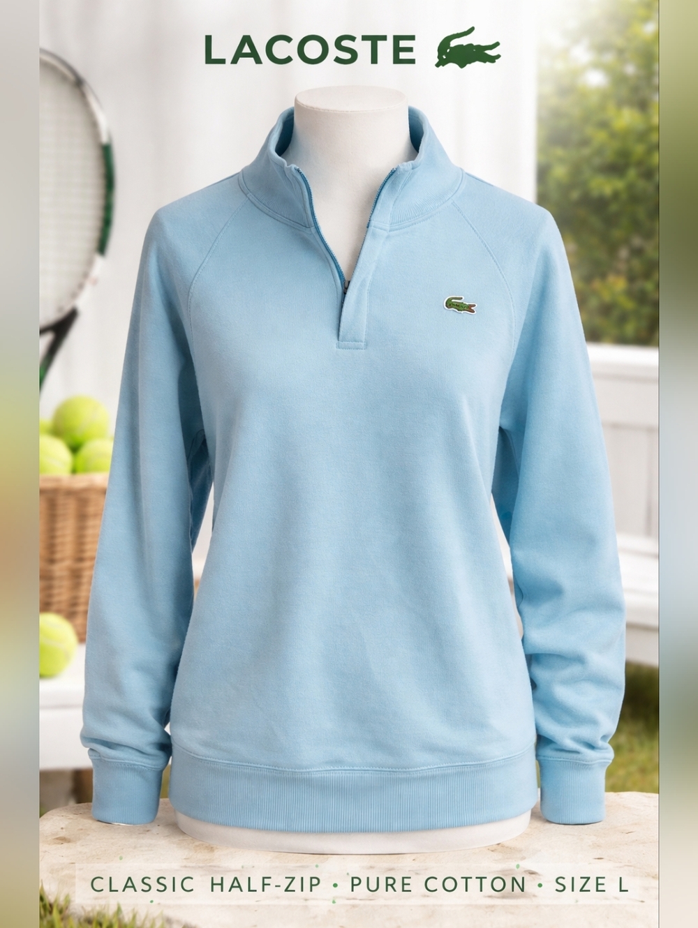 Lacoste Blue 1/4 Quarter Zip Pullover Sweater Sweatshirt Men L Polo Gater Cotton